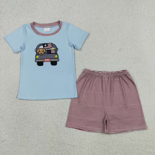 BSSO1918 Dog Car USA Embroidery Blue Tee & Stripes Shorts Boys’ 4th of July Clothes Set