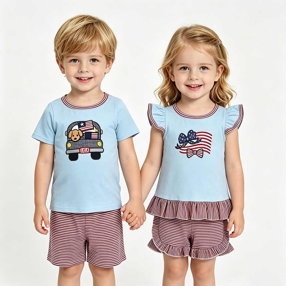 Sibling Boys Baby Girls 4th Of July Embroidery Blue Top +Stripes Shorts Outfits
