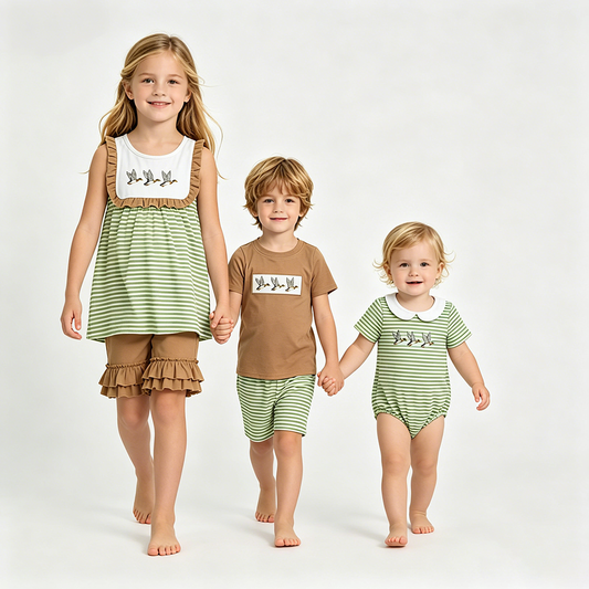 Mallard Embroidery Green Stripe Sibling Duck Matching Outfits