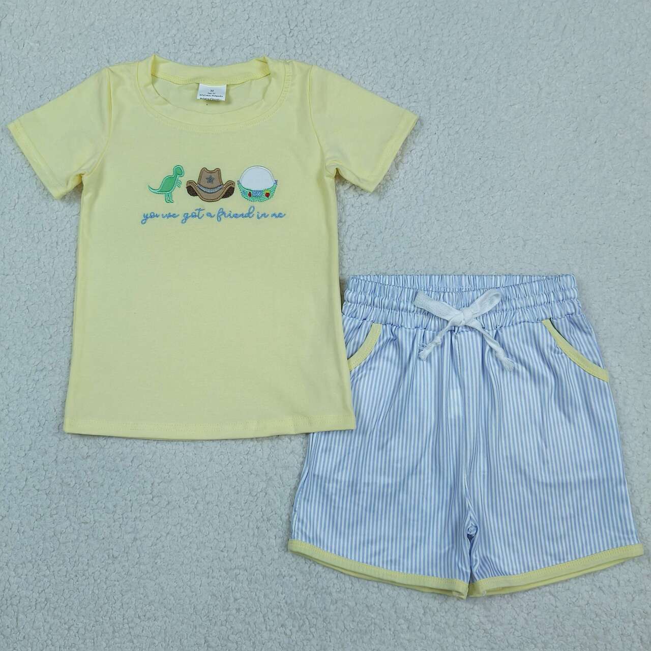 Dino Hat Cartoon Toy Embroidery Yellow Top Stripes Shorts Boys Summer Clothes Set