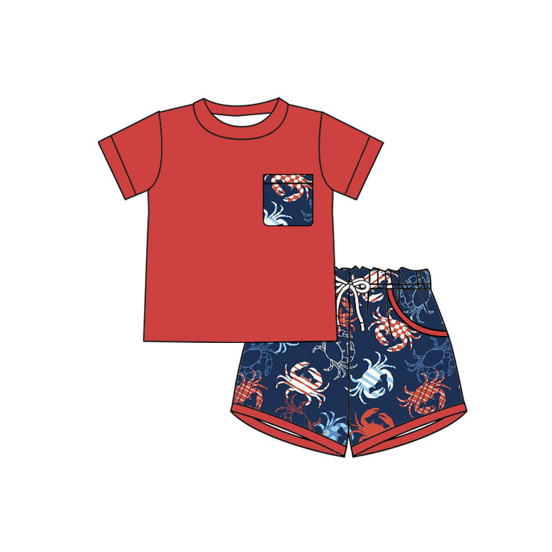 3.13 BSSO1989 Preorder Red Pocket Top Crab Navy Shorts Boys 4th of July Clothes Set