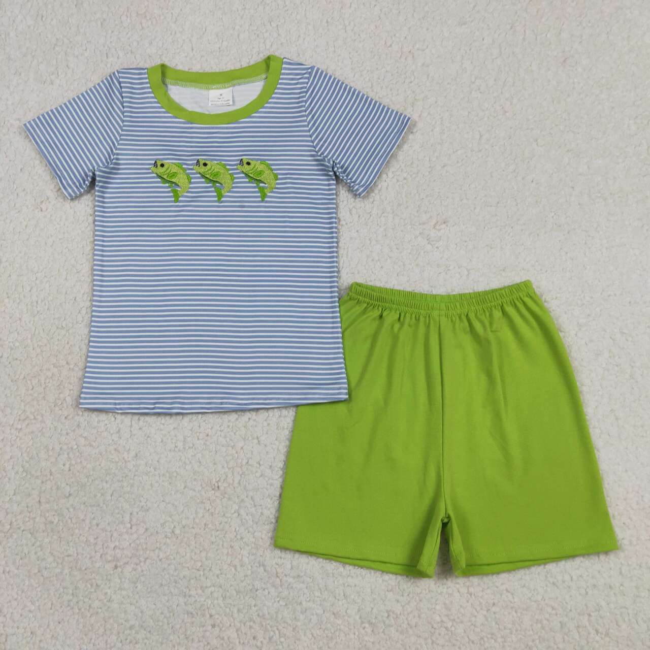 BSSO2001 Fish Embroidery Stripes Top Green Shorts Boys Summer Clothes Set