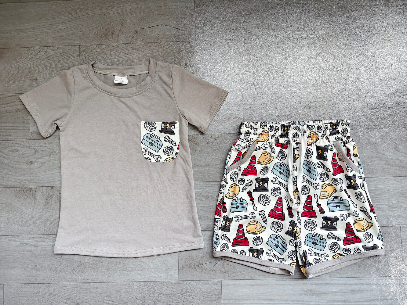 3.23 BSSO2005 Grey Pocket Top Tool Shorts Boys Summer Clothes Set