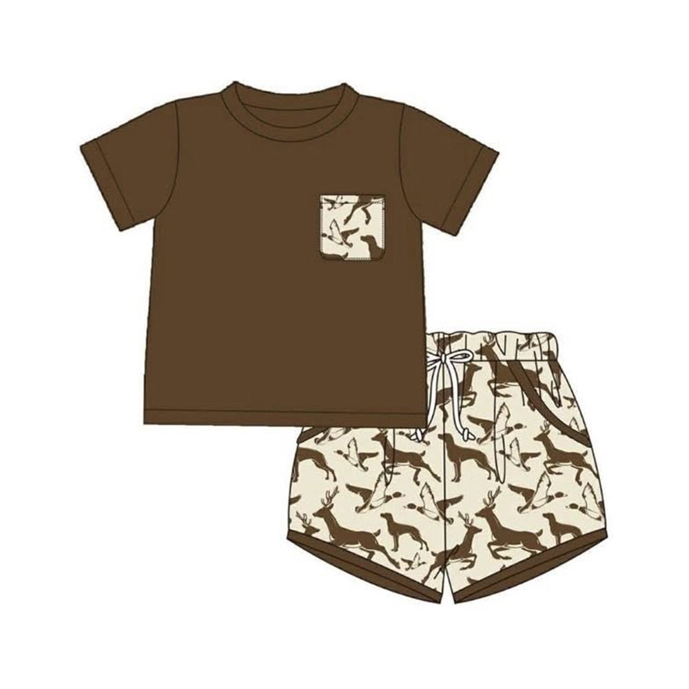 3.23 Baby Boys Brown Short Sleeve Top with Hunting Deer Duck Dog Shorts Outfit Preorder