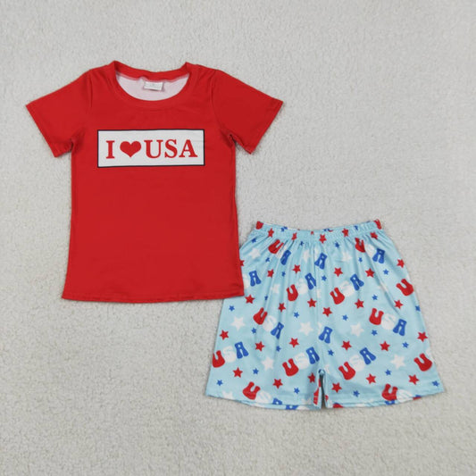 Sibling 4th of July Boys Outfits - "I Love USA" Print Shirt Set & Romper