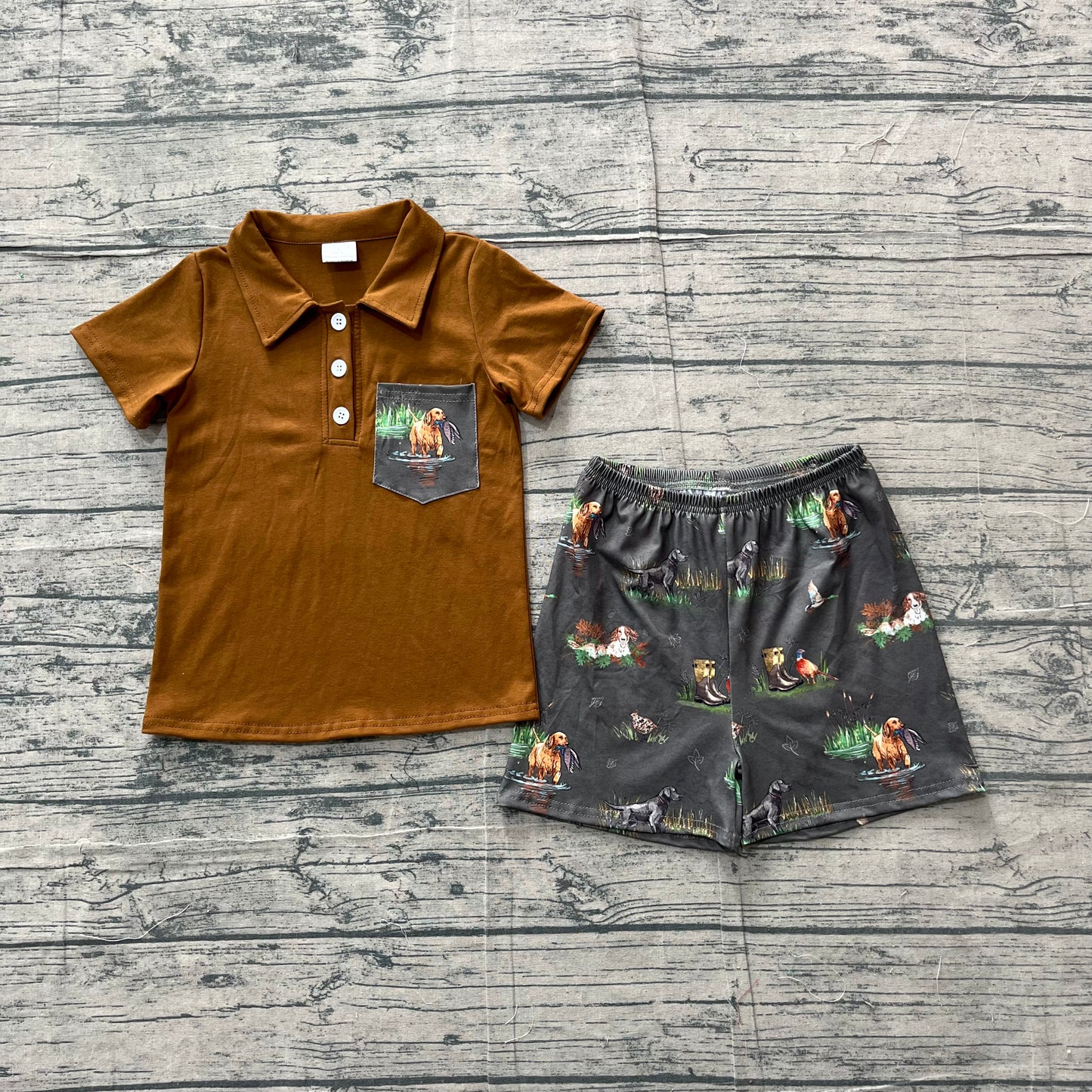 3.28 Toddler Boys Brown Polo Shirt & Hunting Print Shorts Set Preorder