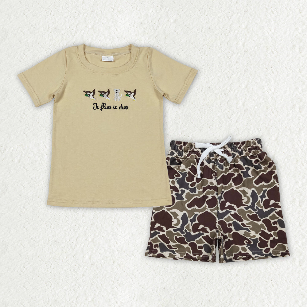 Toddler Boy "It Flies It Dies" Duck Embroidery Hunting Outfit, Camo Short Set