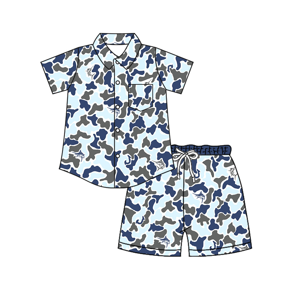 4.8 BSSO2025 Preorder Fish Navy Blue Camo Button Top Shorts Boys Summer Clothes Set