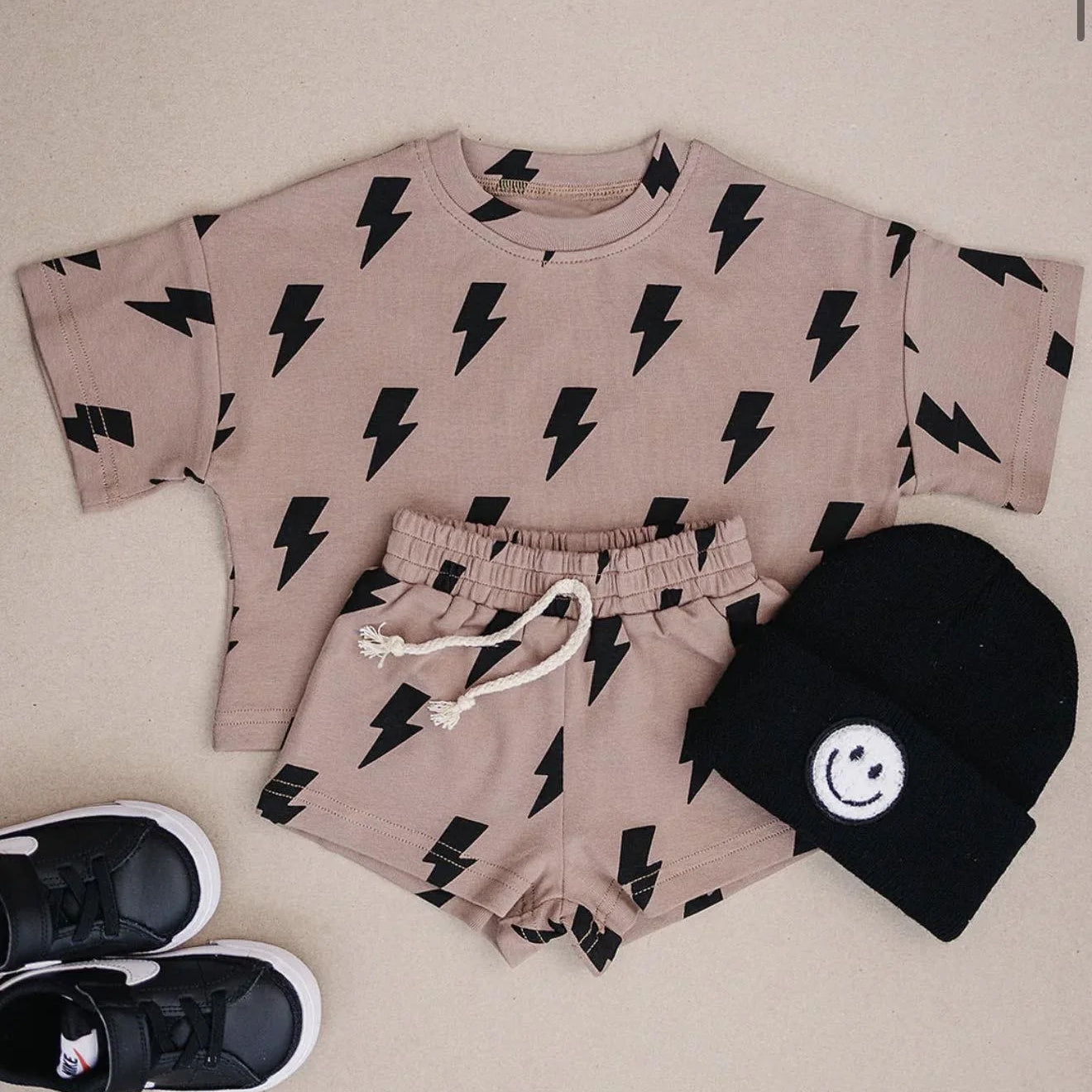 5.11 Toddler Boys Lightning Bolt Beige Short Sleeve Tee & Shorts Set Preorder