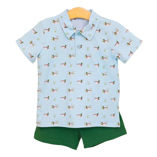 6.29 Preorder BSSO2041 Baby Boys Mallard Duck Short Sleeve Polo Short With Green Shorts Outfit