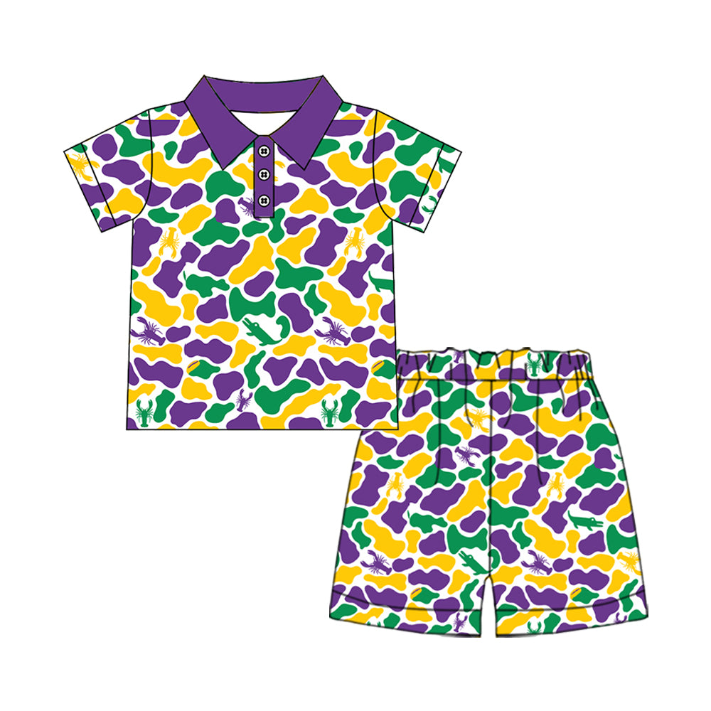 10.21 BSSO2048 Preorder Kids Boys Mardi Gras Polo Shirt Top Shorts Outfit