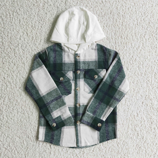 BT0075 Green Checkered Print Boys Fall Cotton Pockets Hoodie Top