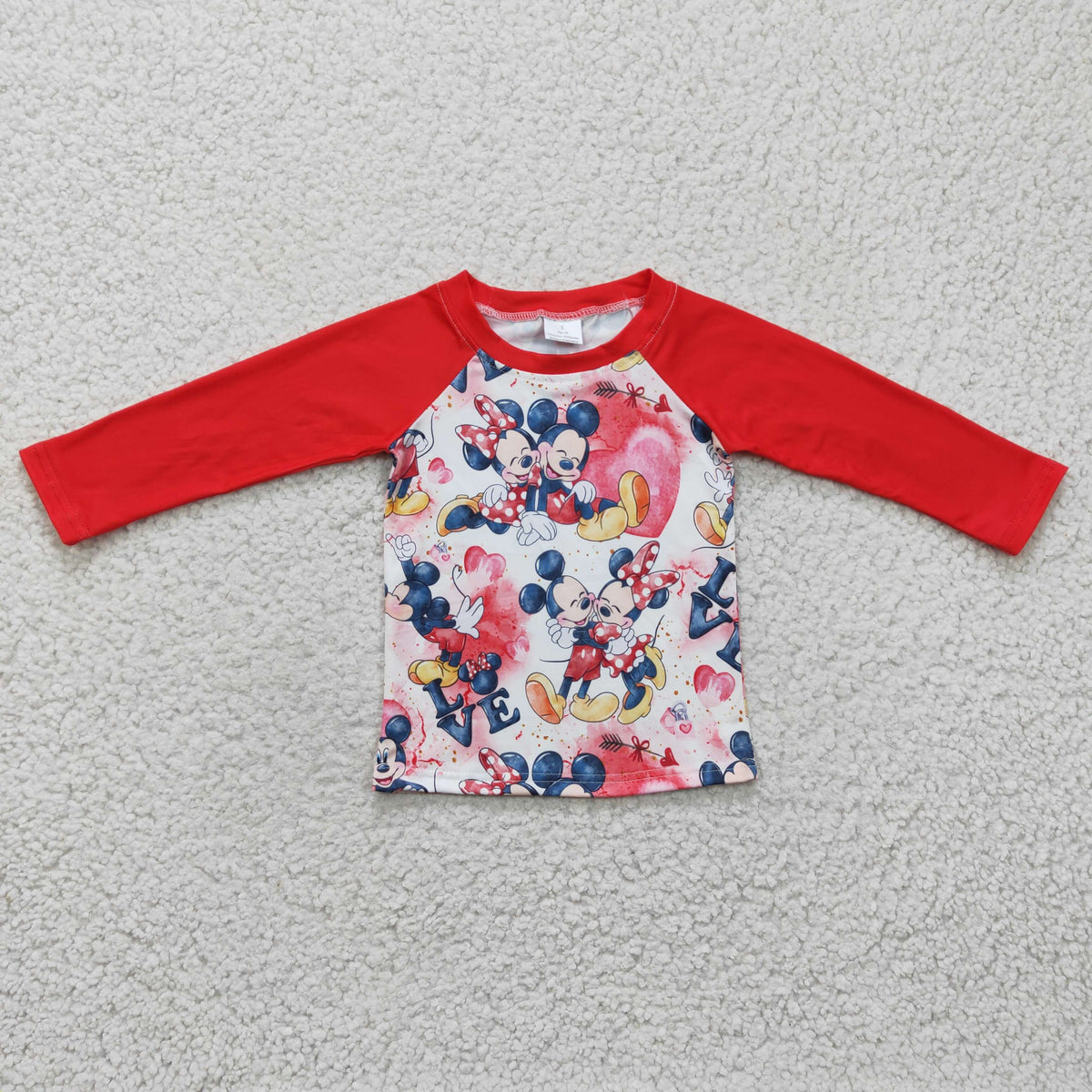 BT0157 Cartoon Mouse Hearts Print Boys Valentine's Day Raglan Sleeve Top