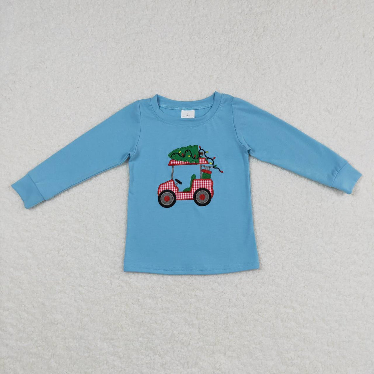 BT0352 Golf Truck Tree Embroidery Blue Cotton Boys Christmas Tee Shirts Top