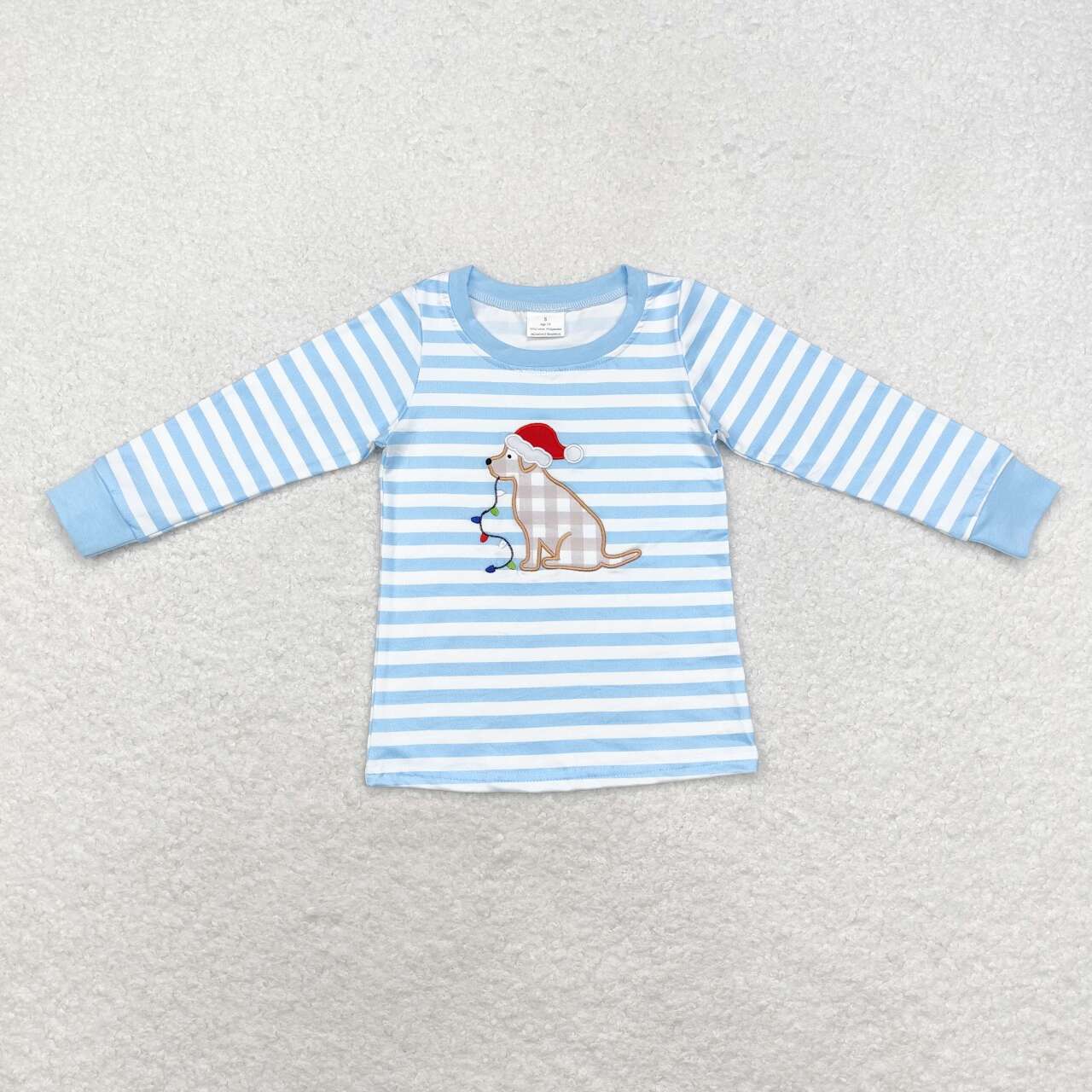 BT0791 Dog Lights Embroidery Blue Stripes Boys Christmas Tee Shirts Top
