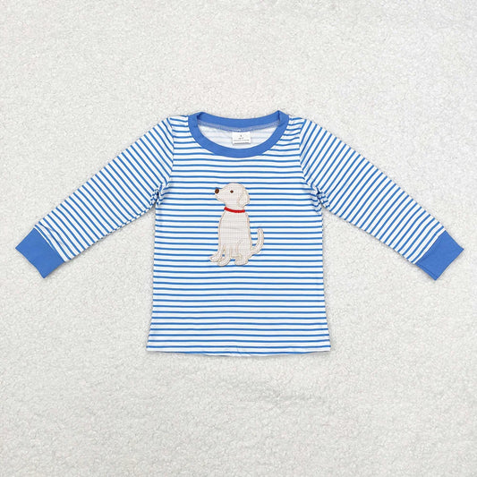 Sibling Baby Girls Boys Embroider Puppy Blue Striped Top Dress Romper