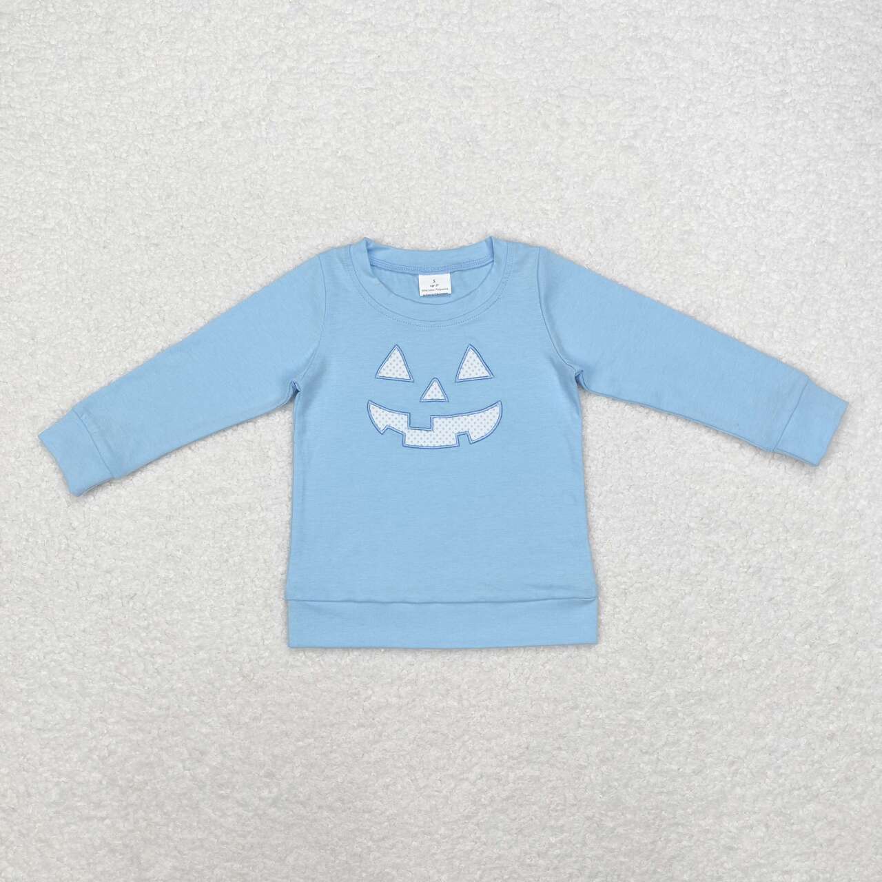 BT0832 Smiling Face Embroidery Blue Cotton Boys Halloween Tee Shirts Top