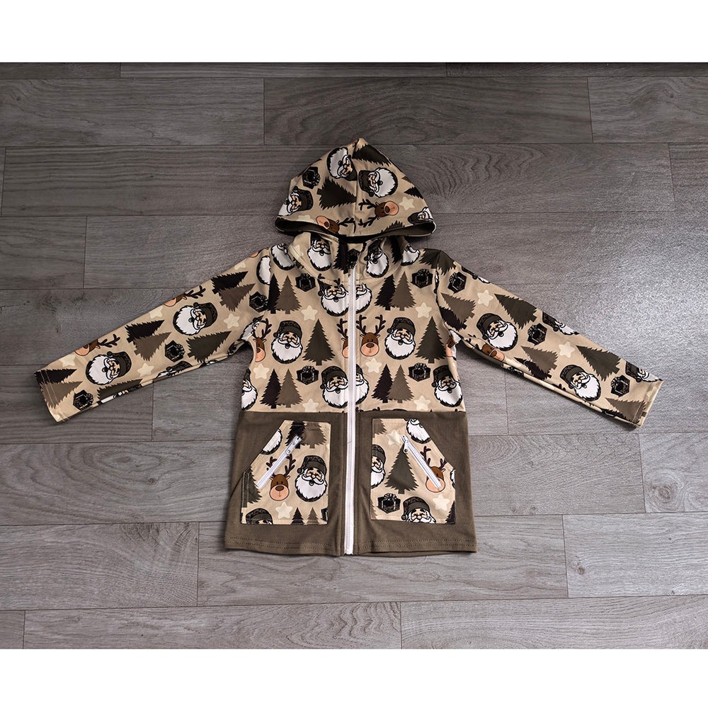 BT1328 Preorder Tree Santa Deer Print Boys Christmas Zipper Pockets Jackets Hoodie Top