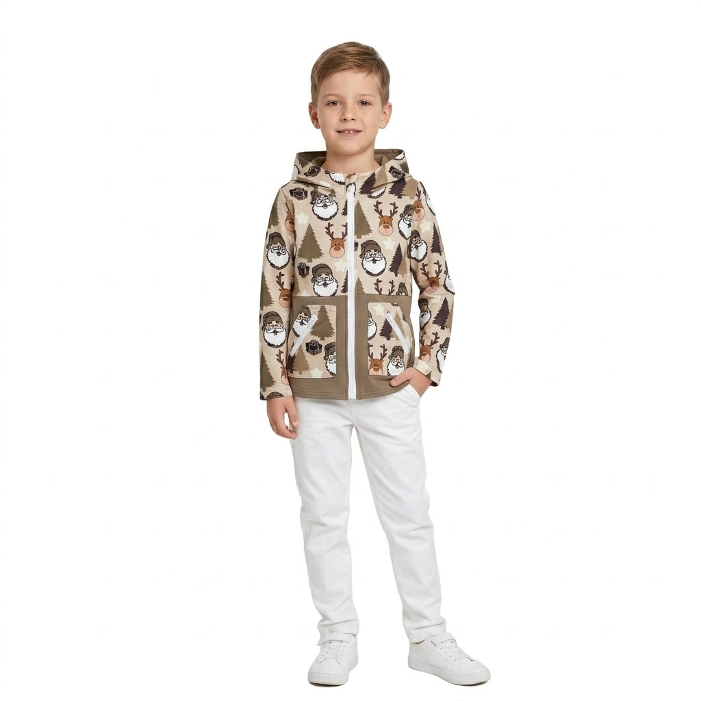BT1328 Tree Santa Deer Print Boys Christmas Zipper Pockets Jackets Hoodie Top