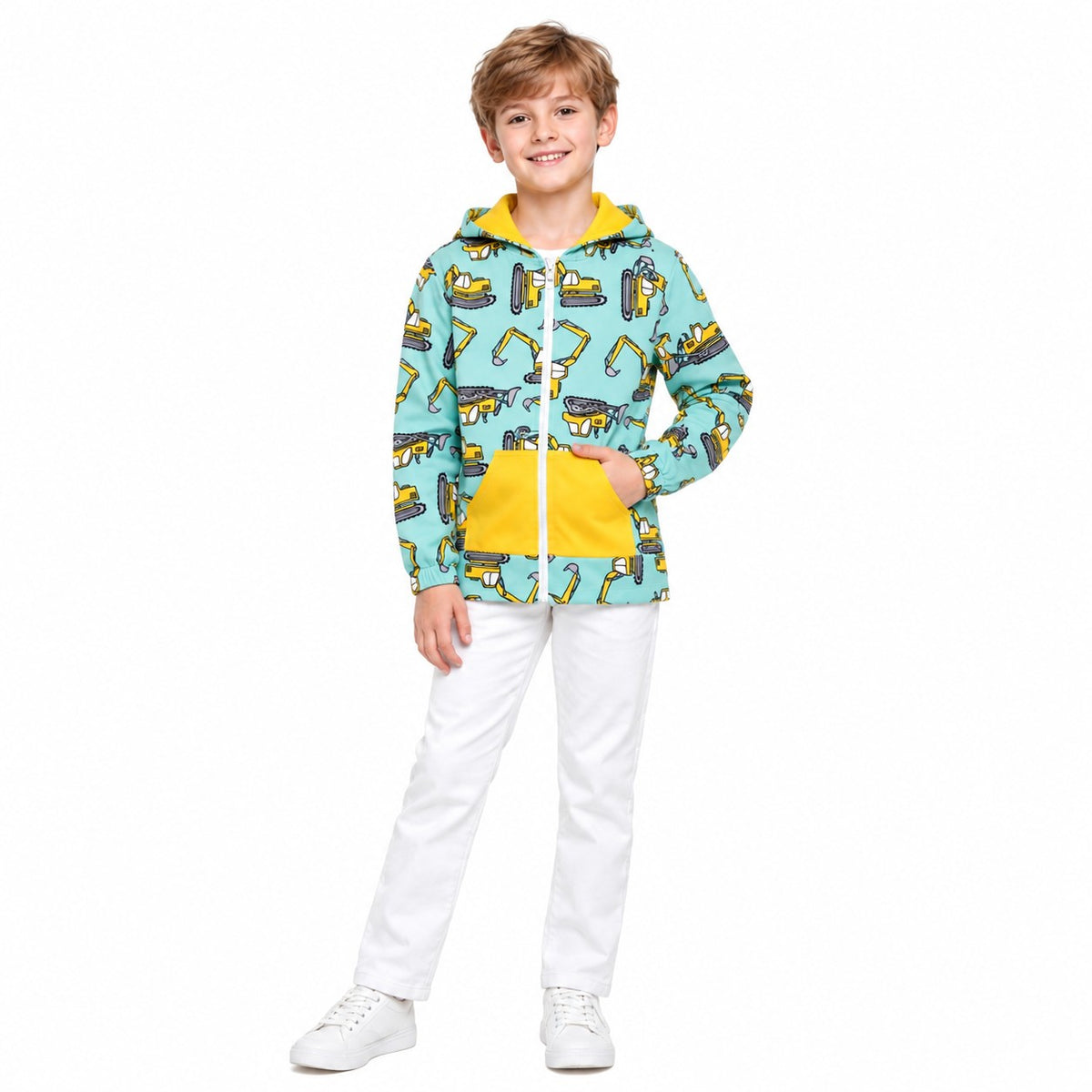 BT1378 Construction Print Boys Zipper Pockets Jackets Hoodie Top