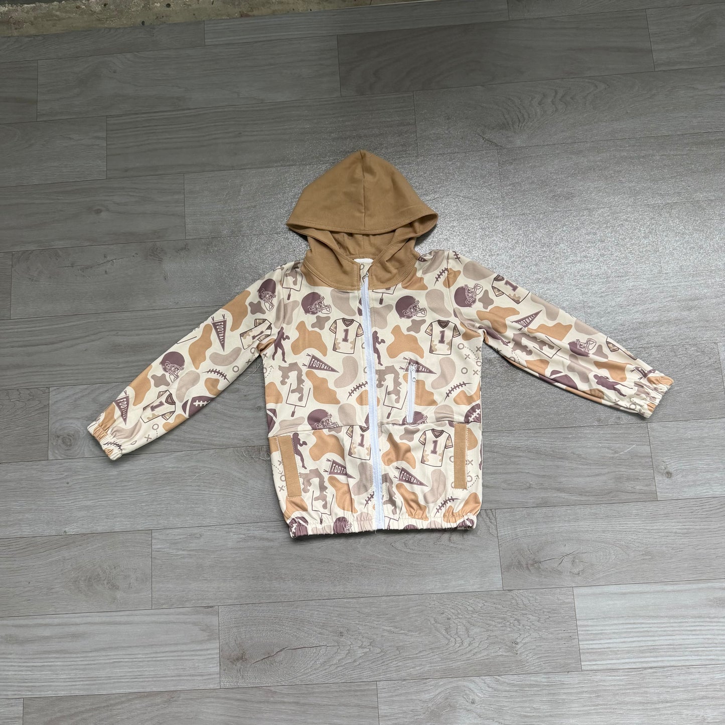 BT1570 Football Brown Camo Print Kids Full Zip Pockets Hoodie Jacket Top