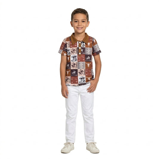 BT1670 Cowboy Skull Checkered Print Boys Short Sleeve Polo Top
