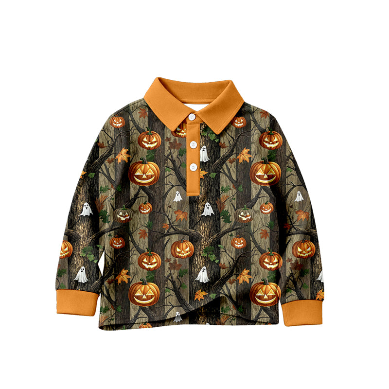 4.23 Toddler Boys Halloween Pumpkin Long Sleeve Polo Shirt Top Preorder
