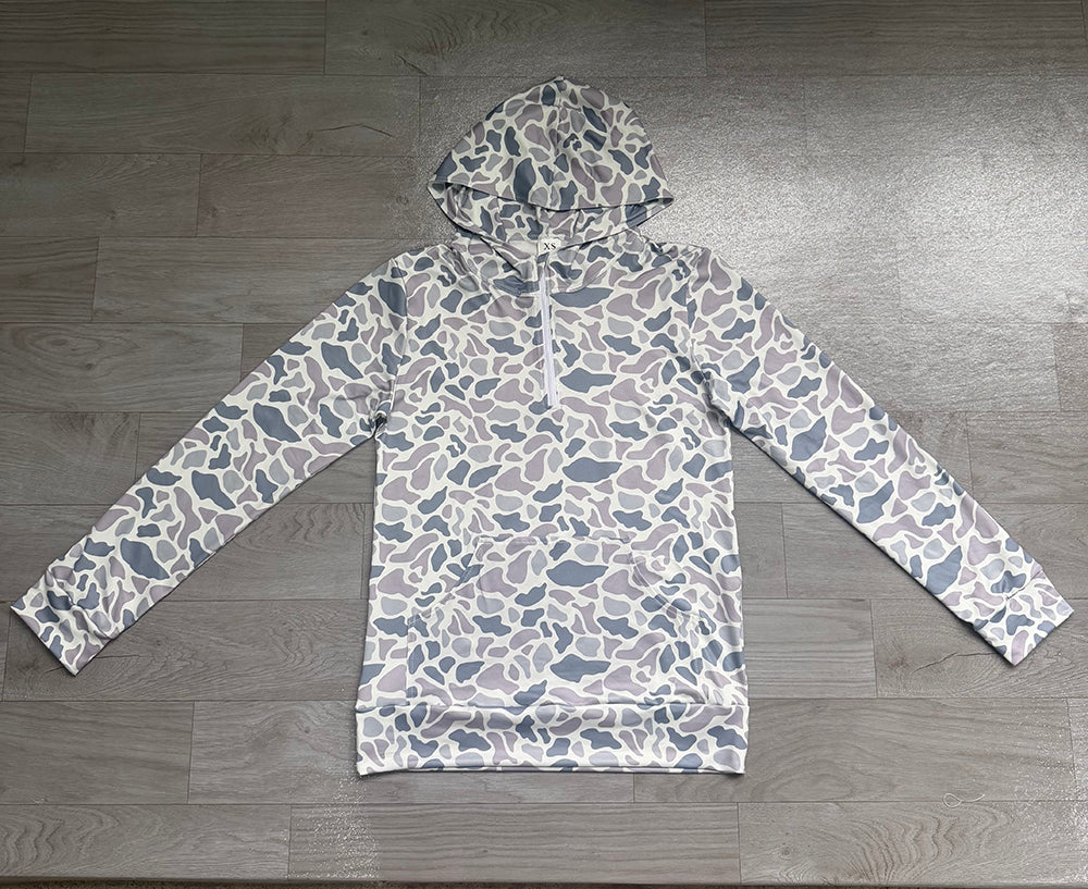 5.16 BT1873 Preorder Adult Grey Camo Long Sleeve Half Zipper Hoodie Top Preorder