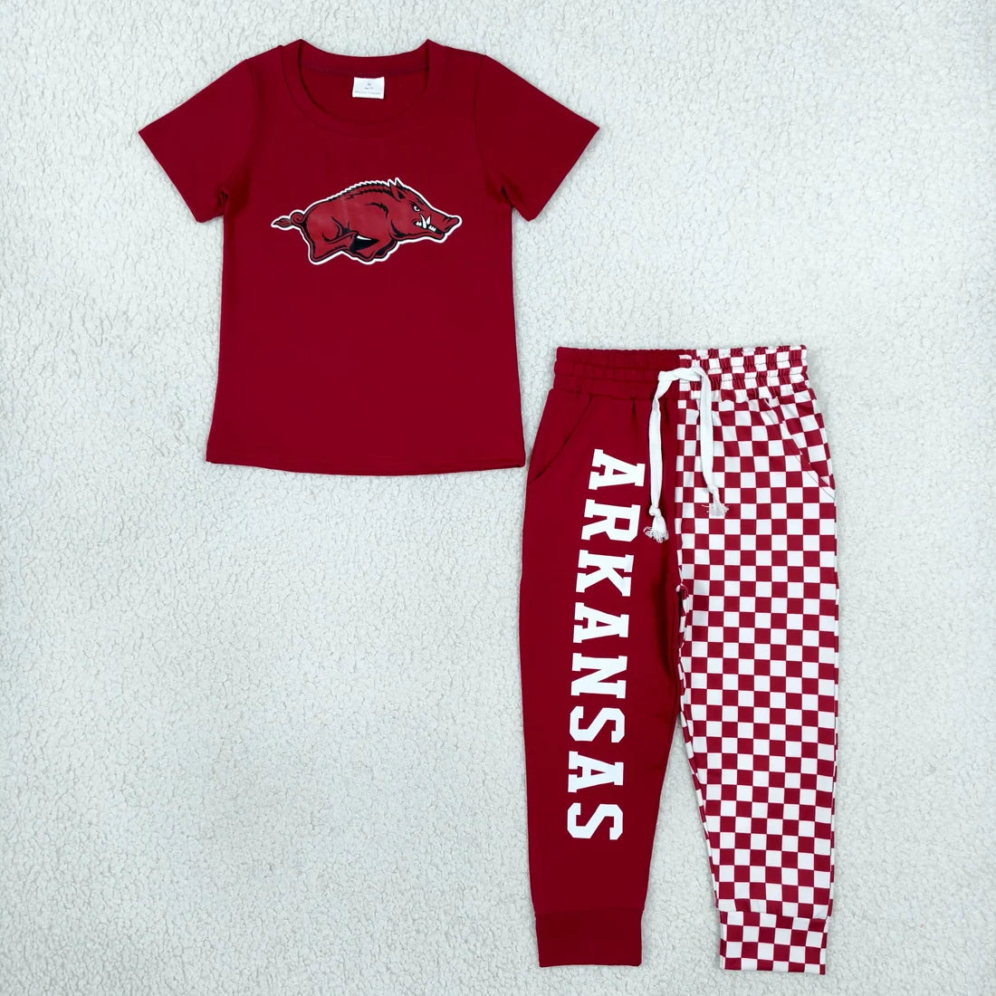Sibling Kids Boys Cotton Short Sleeve Checked Jogger Pants Vinyl Sport Team Outfit