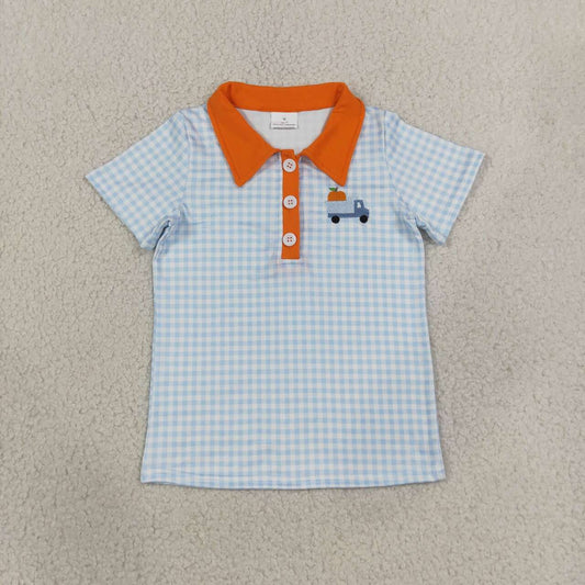 Sibling Kids Boys Fall Embroidery Punpkin Turkey Gingham Short Sleeve Polo Shirt Top