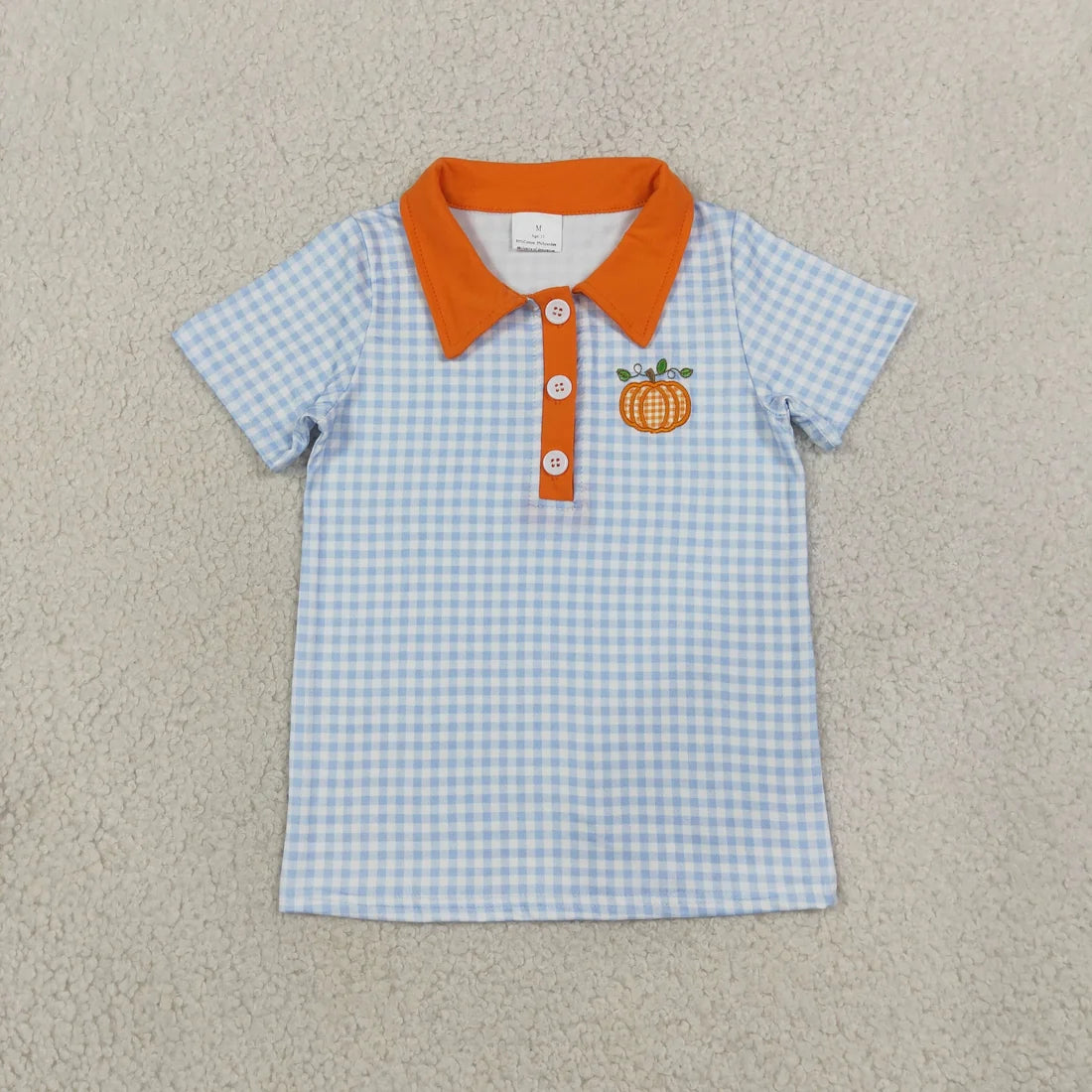 Sibling Baby Boys Embroidery Pumpkin Truck Blue Gingham Short Sleeve Polo Shirt Top