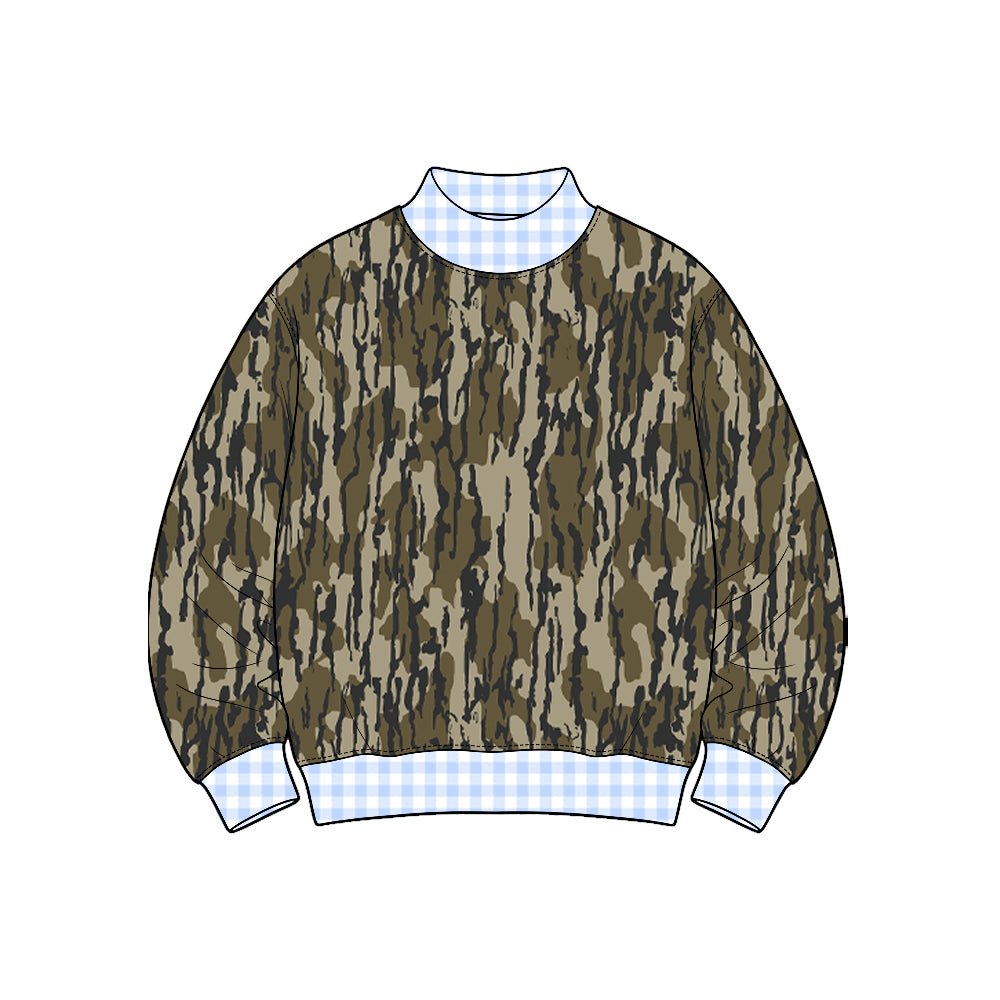 BT1910 Camo Blue Gingham Print Kids Mock Neck Sweatshirt Top