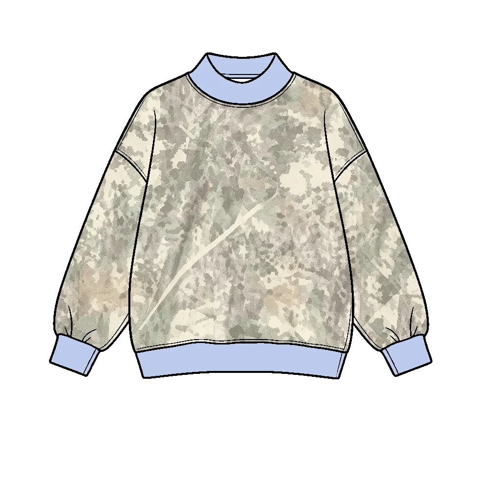 8.20 Preorder BT1918 Kids Girls Realtree Camo Light Blue Trim Mock Neck Long Sleeve Active Pullover Top