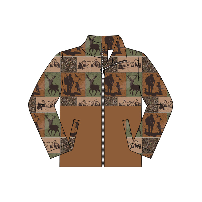 8.24 BT1934 Preorder Deer Hunting Brown Print Boys Pockets Zipper Jacket Top
