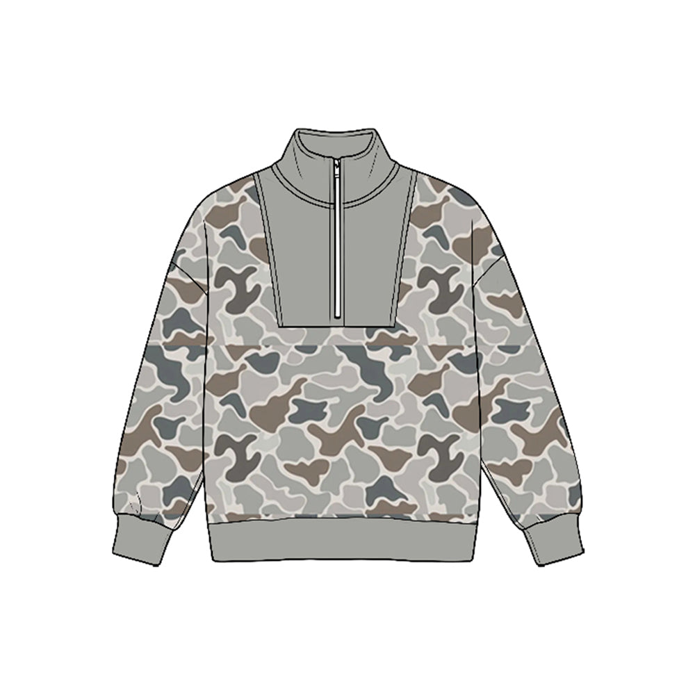 8.25 Preorder Grey Camo Half‑Zip Long Sleeve Pullover Top