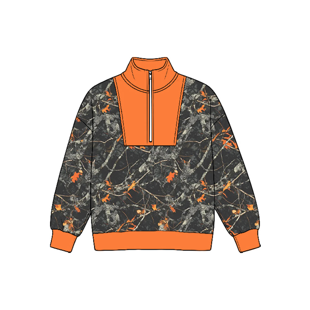 8.25 BLP1590 Preorder Orange Accent Tree Camo Half‑Zip Long Sleeve Pullover Top