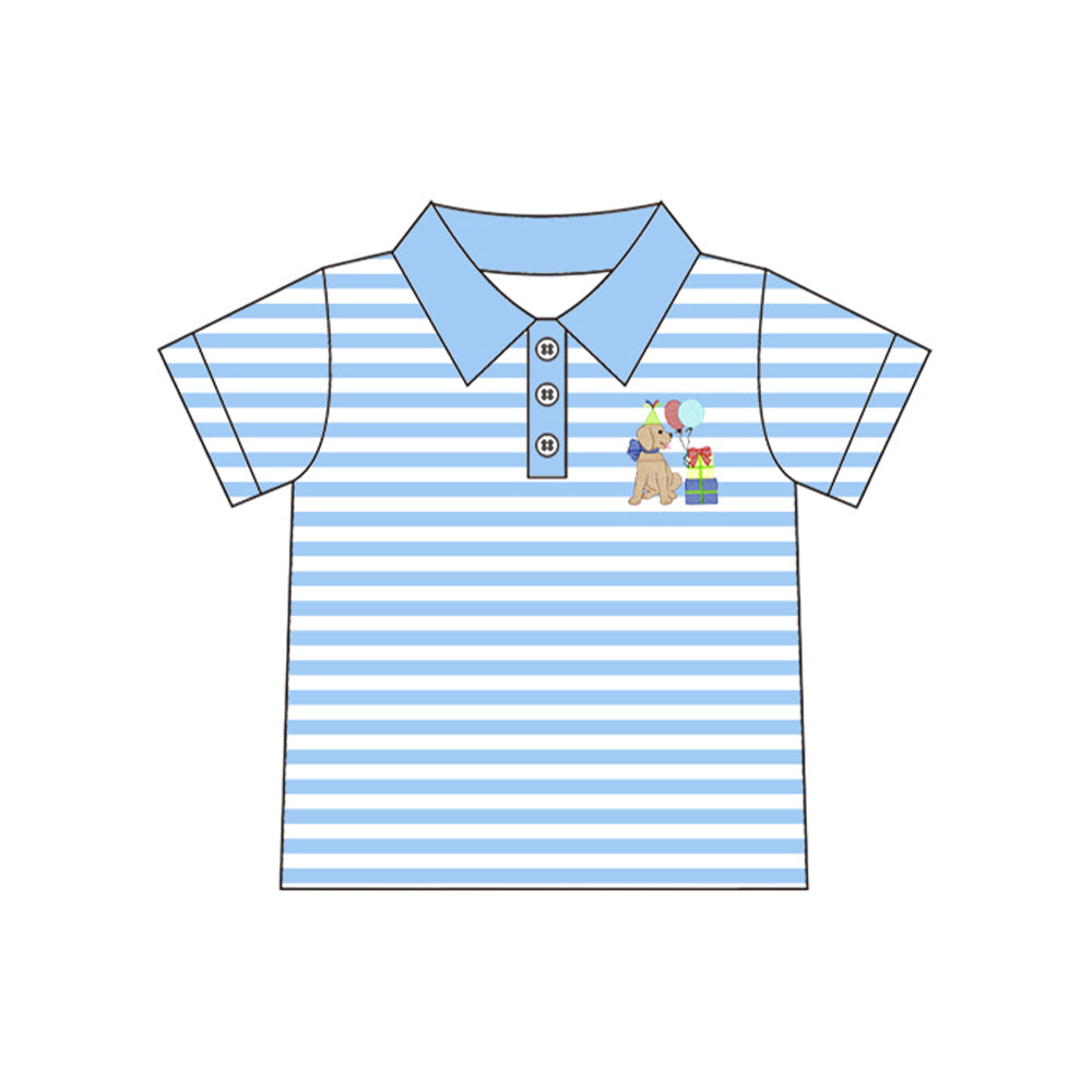 8.27 BT1956 Preorder Kids Boys Birthday Dog Blue Striped Polo Shirt Top