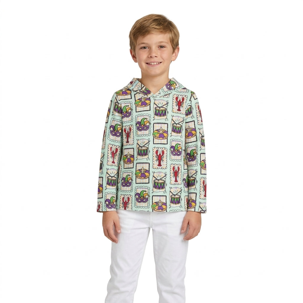 BT1968 Mask Crayfish Donut Print Boys Mardi Gras Long Sleeve Hoodie Top