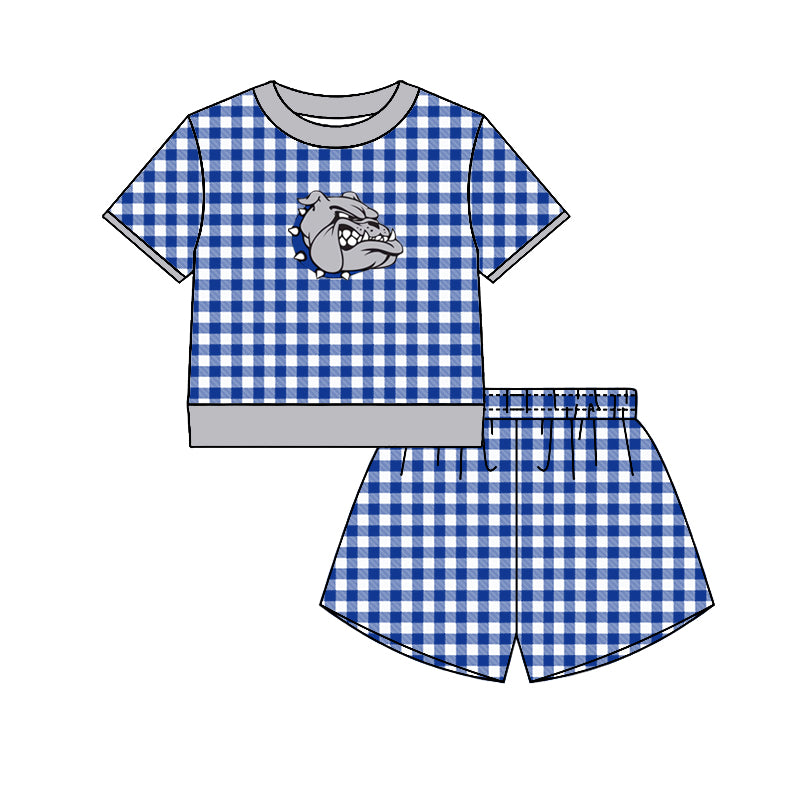 (Custom Design Preorder MOQ 5) Teams Bartlett Bulldogs Grey Edge Top Blue Checkerd Shorts Mommy and Me Summer Yoga Clothes Set