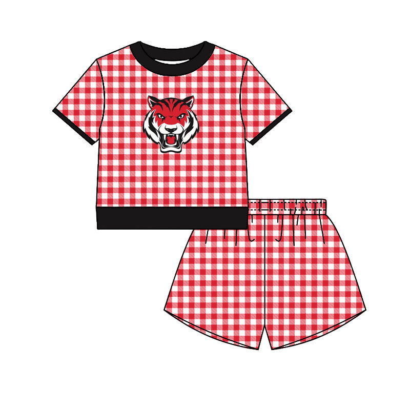 (Custom Design Preorder MOQ 5) Teams Belton Tigers Top Red Checkerd Shorts Mommy and Me Summer Yoga Clothes Set