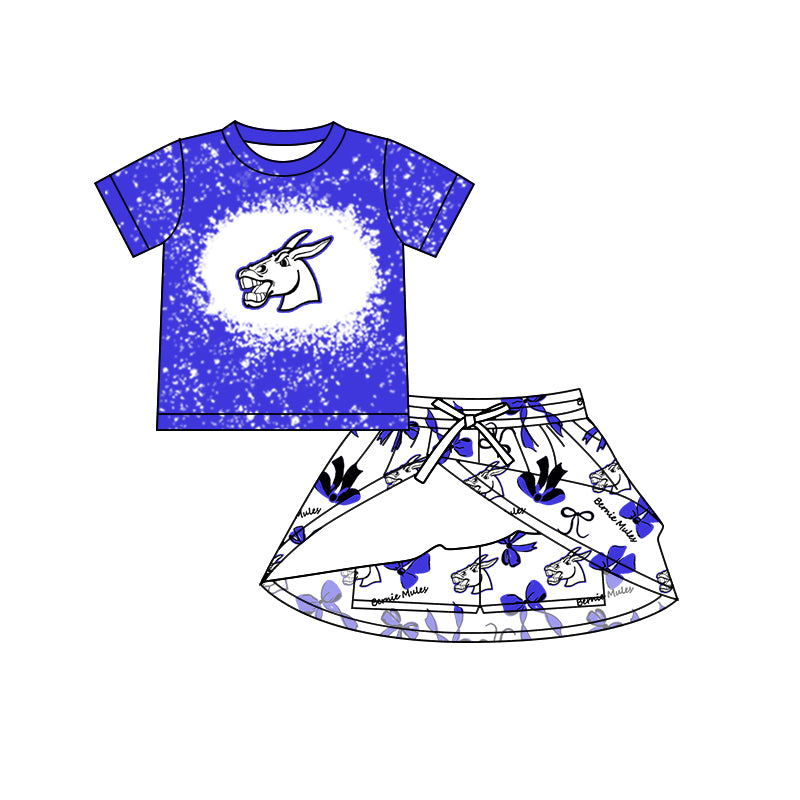(Custom Design Preorder MOQ 5) Teams Bernie Mules Blue Top Bows Skort Girls Summer Clothes Set