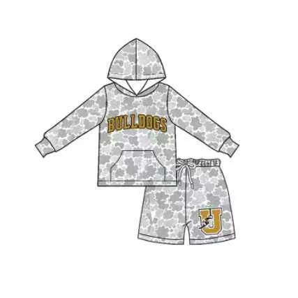 (Custom Design Preorder MOQ 5) Teams Bulldogs Grey Camo Hoodie Top Pockets Shorts Kids Clothes Set