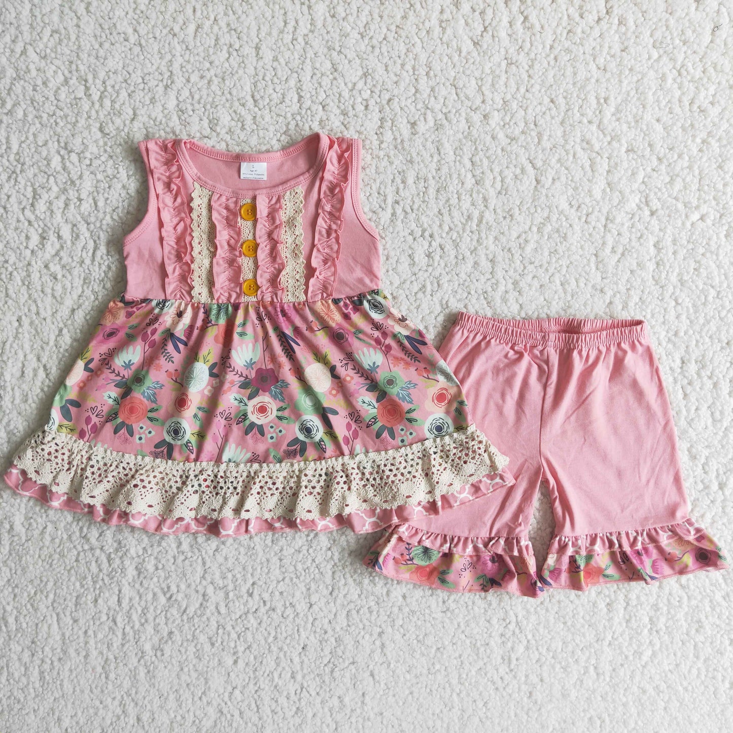 Sleeveless pink floral tunic top ruffles shorts girls summer outfits C2-3
