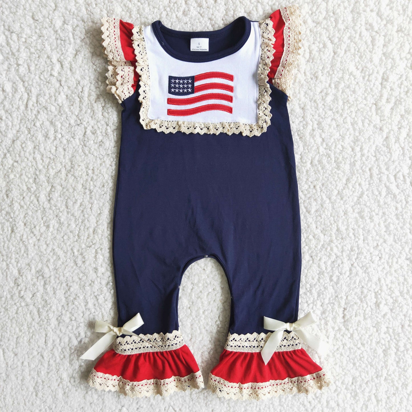 C3-4 Flag Embroidery Navy Cotton Ruffles Baby Girls 4th of July Romper