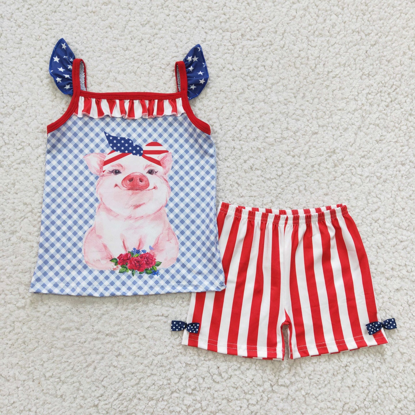(Promotion)C4-11 Pig Plaid Top Stripes Shorts Girls 4th of July Clothes Set