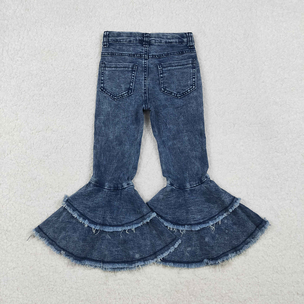 C5-15 Washed Blue Color Denim Girls Bell Bottom Ruffle Jeans