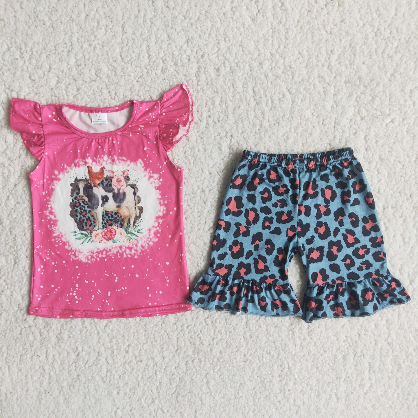 Farm Animals Flowers Pink Top Leopard Shorts Girls summer outfits C5-2