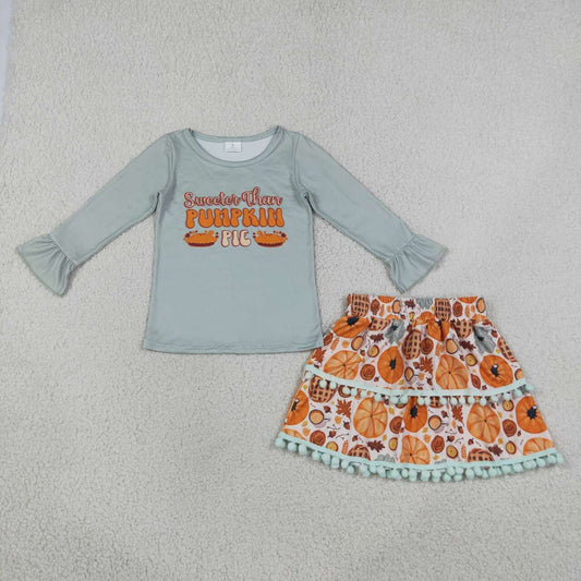 GLD0763 Pumpkin Pie Top Pompom SkirtsGirls Thanksgiving Clothes Set