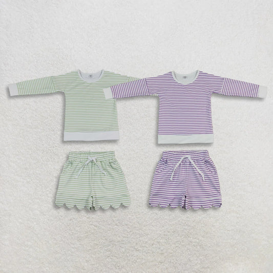 Sibling Baby Girls Striped Long Sleeve Top Scallop Shorts Active Outfit