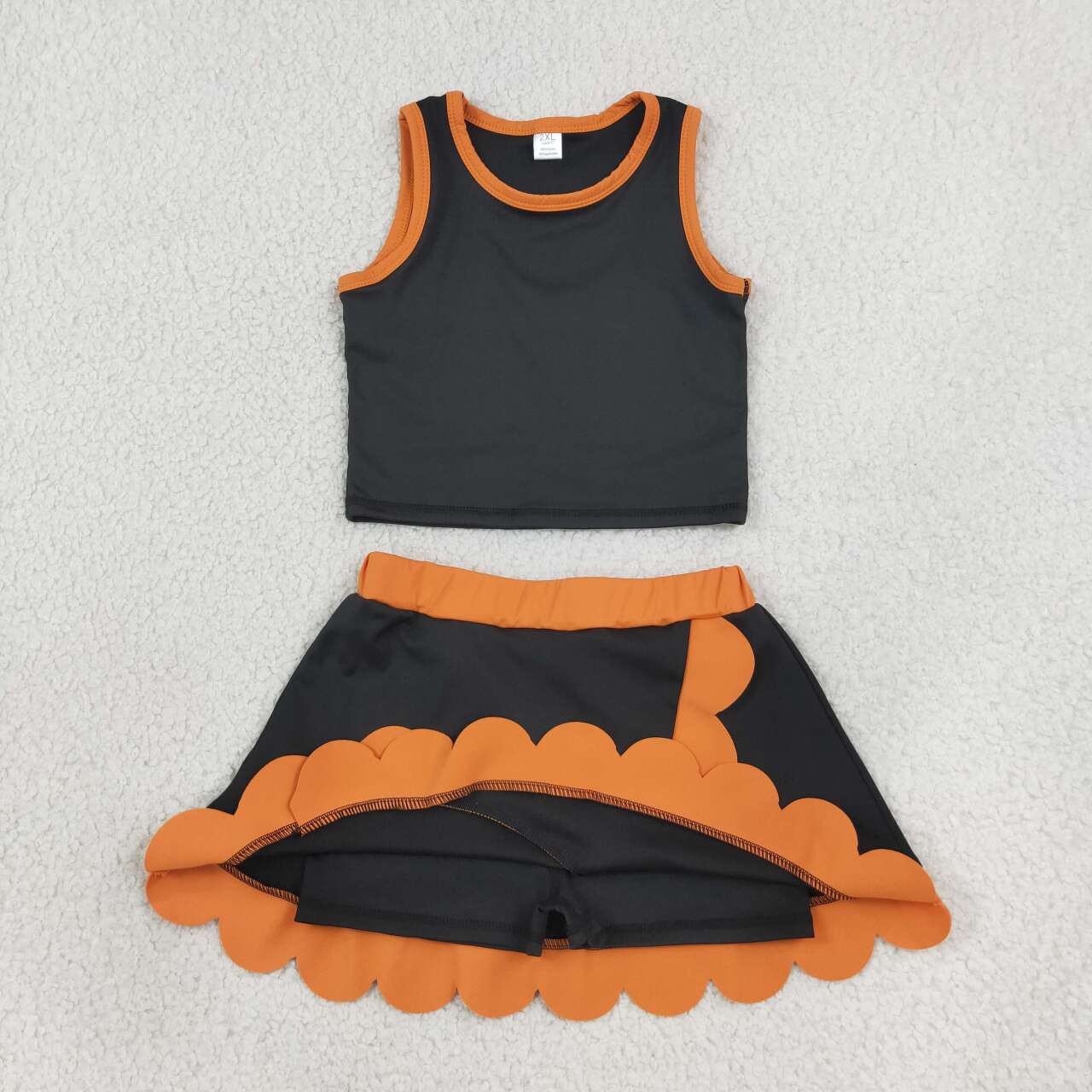 GSD4259 Teams Black Tank Top Orange Scallop Edge Skort Girls Active Clothes Yoga Outfits